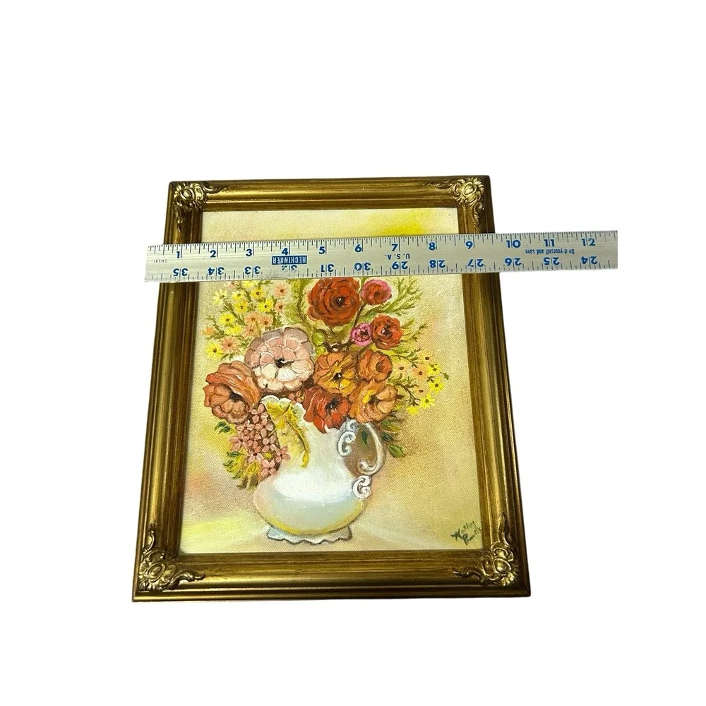 Vintage Oil Painting Floral‎ flowers White Vase Gold Wooden Frame 11.5x9.5